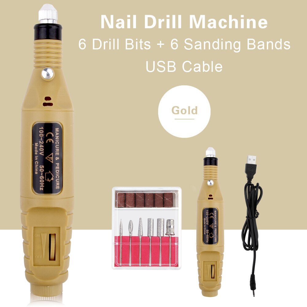 Electric Nail Cutting Machine Manicure Milling Cutters Pedicure Nail Drill Pen Ceramic Nail File Gel Removing Equipment Tools: Gold Set