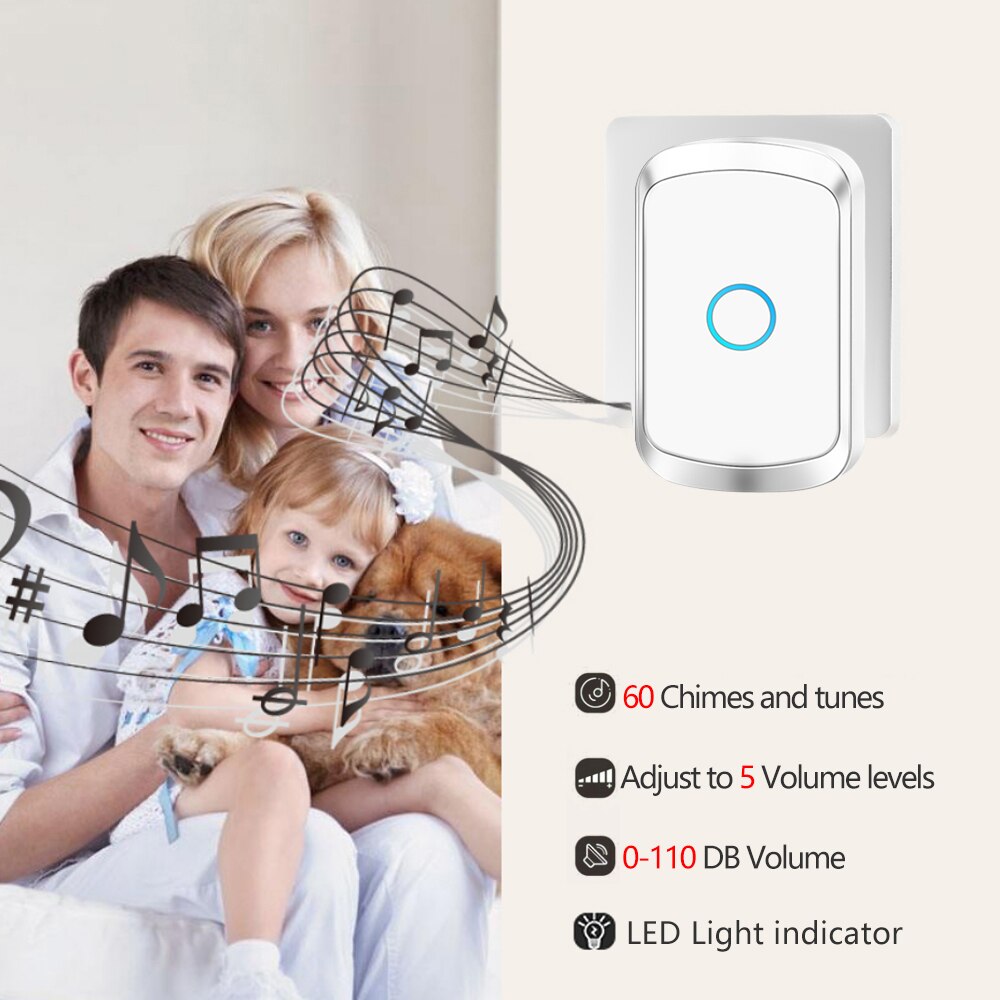 Self-powered Waterproof Wireless Doorbell with No Battery EU US UK Plug Cordless Home Door Bell 1 button 5 Receivers 60 Chimes