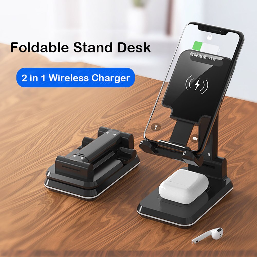 Fdgao draadloze opladerstandaard draagbare telefoonhouderbeugel 2 in 1 10w qi snellaadstation voor airpods pro iphone samsung