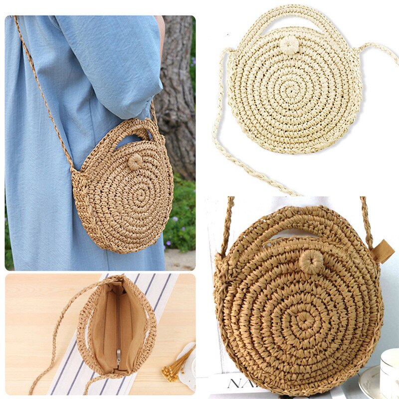 Lady Pastoral Style Casual Round Handmade Knitted Woven Rattan Bag Straw Beach Handbag