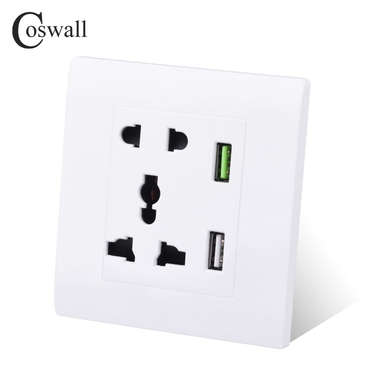 Coswall Universal 5 Pin Wall Socket With 3A Fast USB Charger Port + 2.1A Maxi. USB Charging Port White Gold Color: White