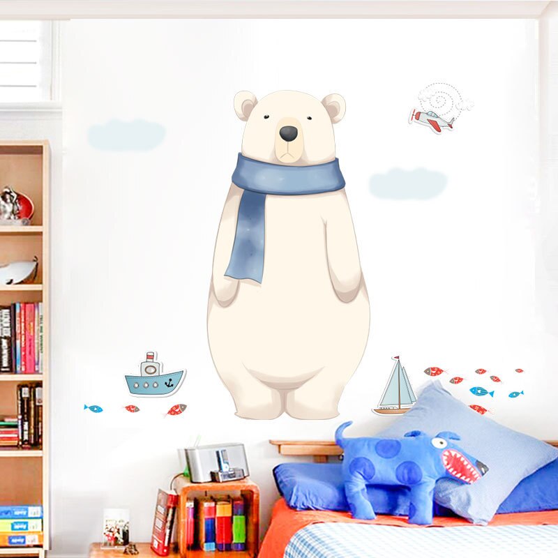 Cute Polar Bear Wall Stickers for Kids Rooms Art Wall Decals Bedroom Closet Home Decor Removable Self-Adhesive Cartoon Stickers