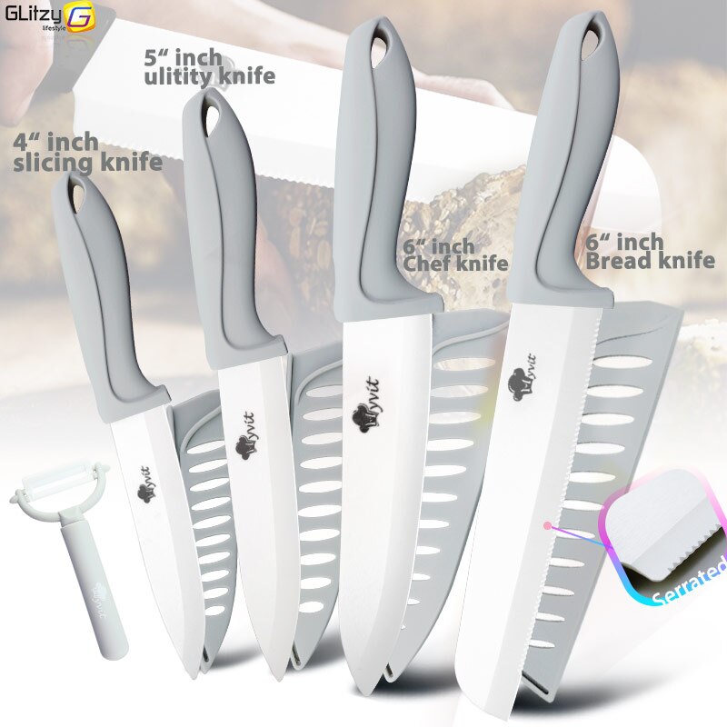 Ceramic Knife 3 4 5 6 inch Knives Kitchen Set White Blade Chef Utility Paring Vegetable Slicing Ceramic Knives With Peeler Set: 456BB GREY