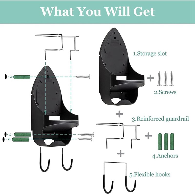 Iron Board Hanger Wall Mount Electric Iron Holder Iron and Ironing Board Storage Organizer Shelf with Removable Hooks