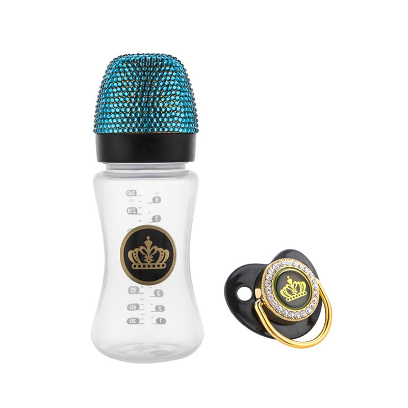 BLINGONLY Rhinestone Milk Feeding BPA Free Food Grade Plastic Gold Bling Baby Bottle: Blue Set