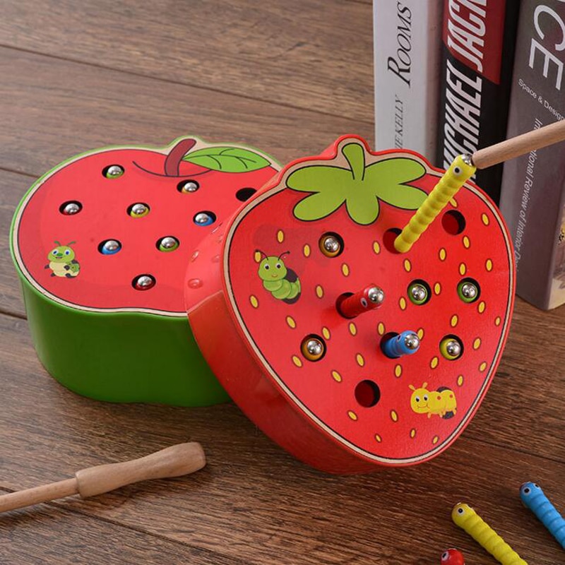 Baby Montessori Education Wooden Toys Kids 3D Matching Puzzle Magnetic Stick Strawberry Catch Worm Fishing Interactive Math Toys