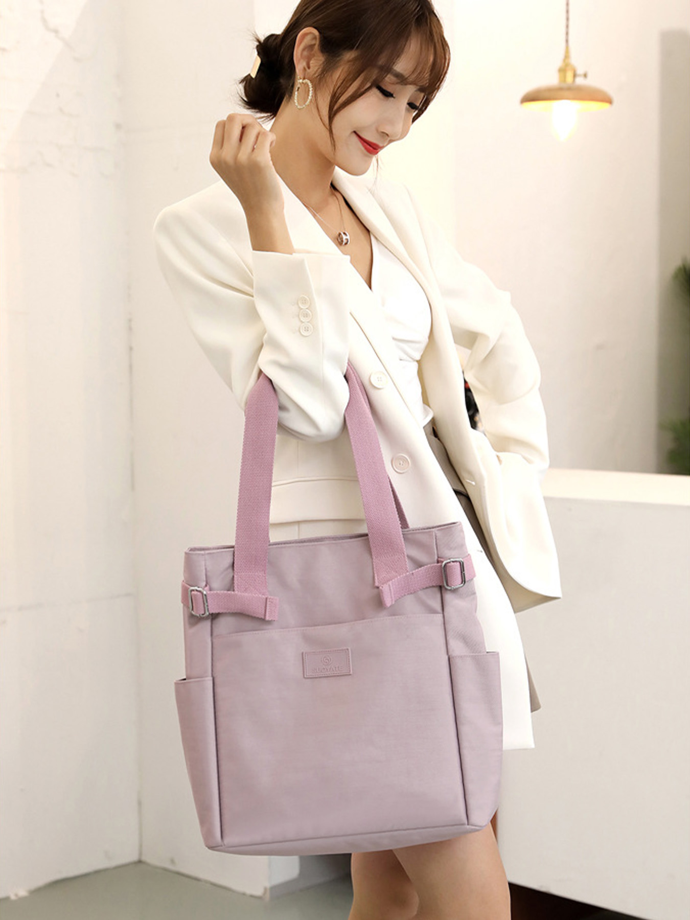 bolso de mano para mujer, bandolera púrpura, color sólido, gran capacidad, bolso de mano simple de nailon para estudiante