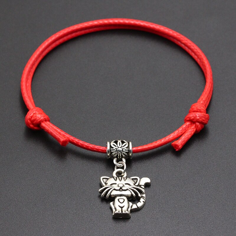 neue Happy Cat Anhänger Rot Faden Schnur Armband Glück Schwarz Kaffee Handgemachte Seil Armband für Frauen Männer Schmuck: Red