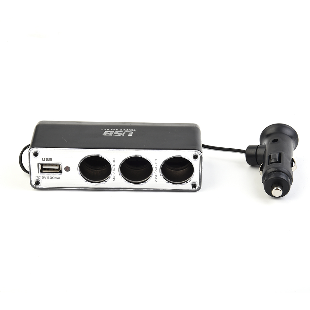 Car Lighter Multi Socket Triple Splitter USB Port Charger Adapter With Lighter Plug For 12V-24V Vehicles