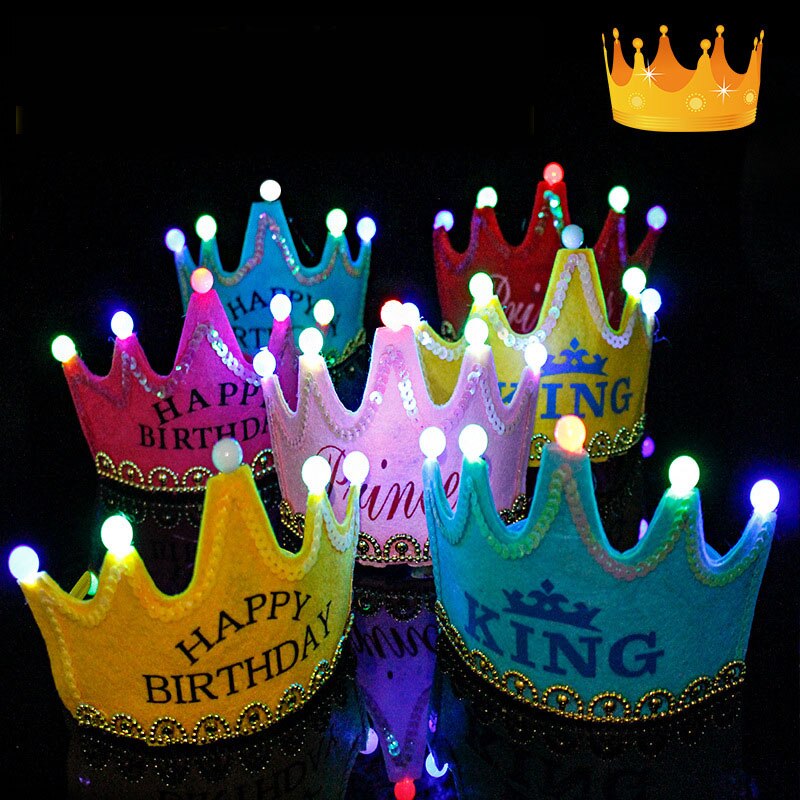 LED King Princess Prince Happy Birthday Paper Crown Hats Baby Shower Boy Girl Birthday Party Xmas Decorations Supplies Kids