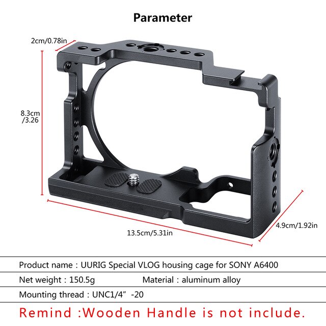 Uurig Camera Kooi Voor Sony A6400 Vlog Behuizing Kooi Handvat Video Rig W Arri Metalen Top Handvat Geen Houten Handgreep vs Smallrig Kooi: only cage