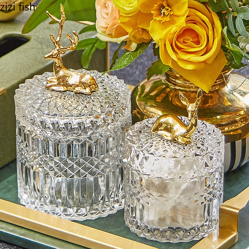 Glass Storage Jars Tea Canister Candy Pot Golden Deer Decorative Storage Jar with Cover Spice Organizer Box Kitchen Supplies