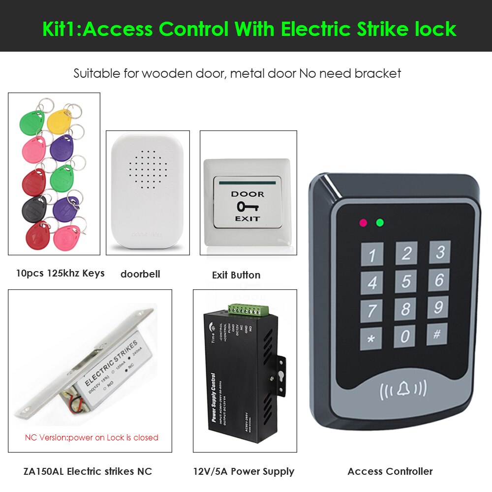 RFID keyboard keys Smart Door Access Control System With Power Supply 180KG electronic lock Door Access Control System Kit: Kit 1