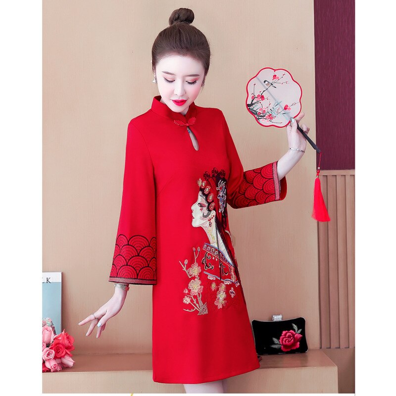 Qipao negro y rojo bordado para mujer, vestido chino Vintage de estilo étnico, Cheongsam moderno, novedad de otoño, 2022