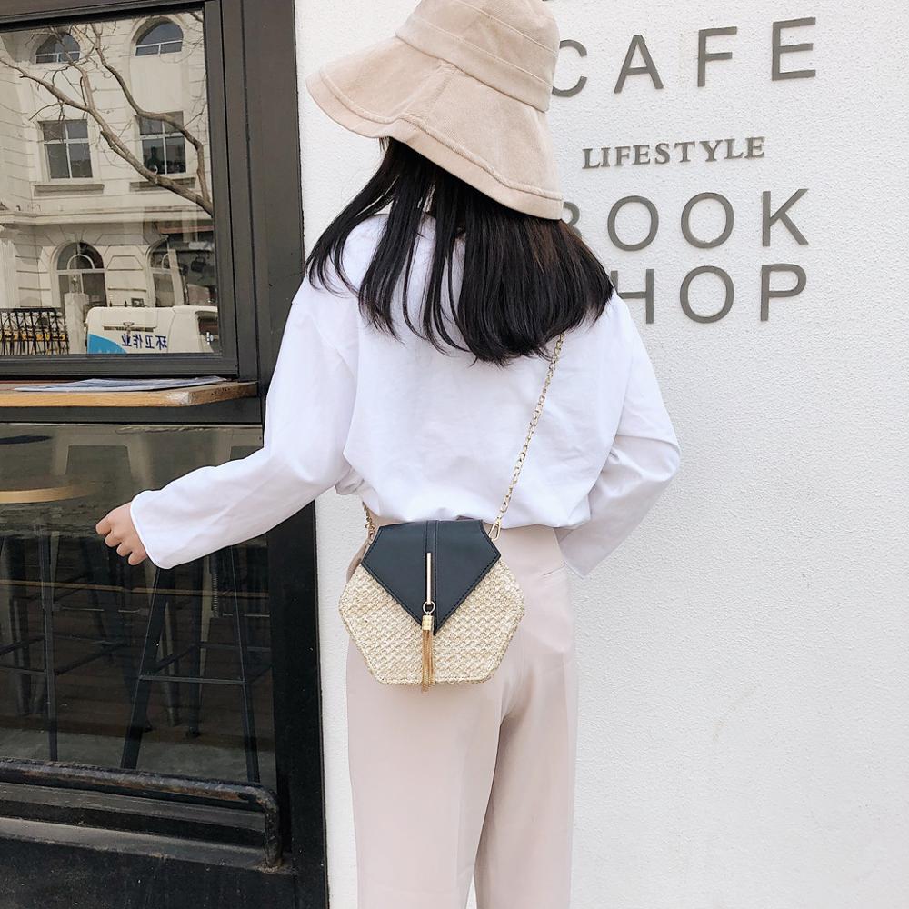 Hexagon Mulit Stil Stroh + leder Handtasche Frauen Sommer Rattan Tasche Handarbeit Gewebt Strand Kreis Böhmen Schulter Tasche Y20