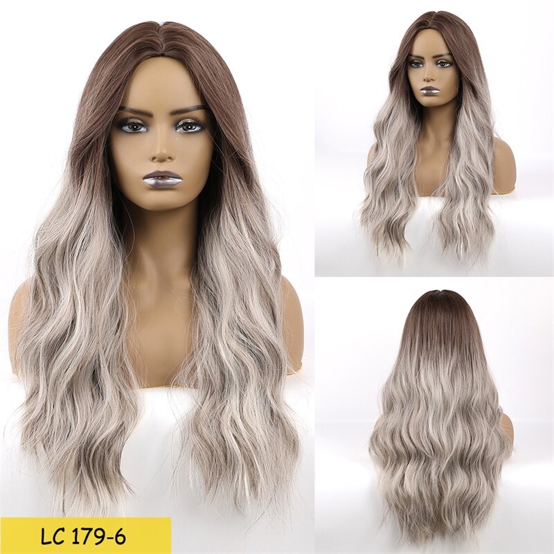 Pelucas largas de pelo sintético ondulado emmor, color castaño oscuro con reflejos rojizos y flequillo, con degradado de alta temperatura para uso diario.: Lc179-6