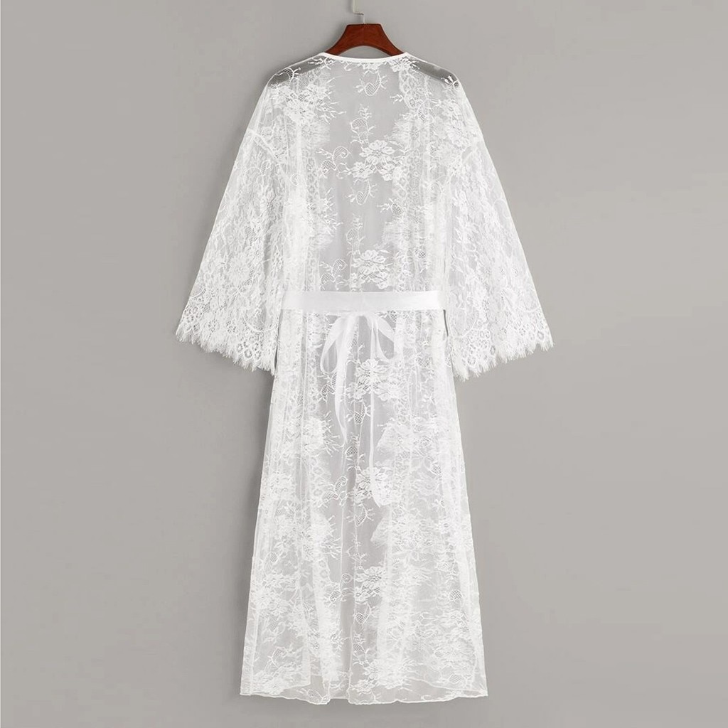 Lace Robe Sexy Nachtkleding Vrouwen See Through Lange Gewaad Nachtkleding Nachtkleding Gown Badjas Nightdres Wit