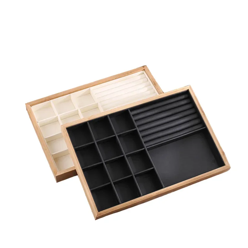 PU Leather Bamboo Jewelry Display Tray Necklace Bracelet Bangle Rings Earrings Display Jewelry Organizer Holder Showcase