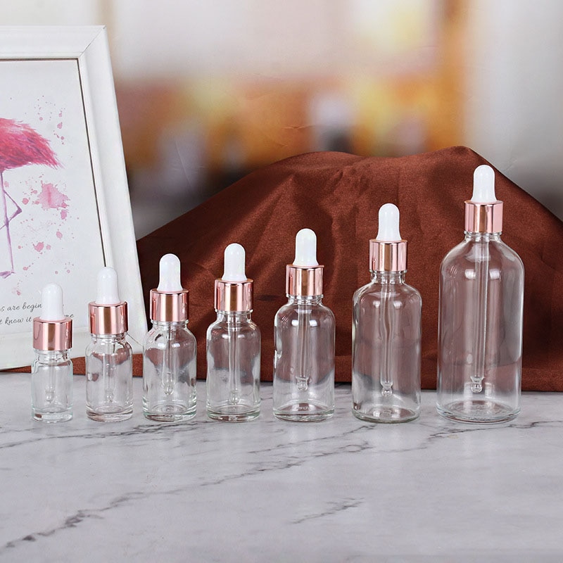 5-100ml rør gjennomsiktig dropper glass aromaterapi væske for essensiell massasje olje pipette etterfyllbare flasker rosa gull deksel