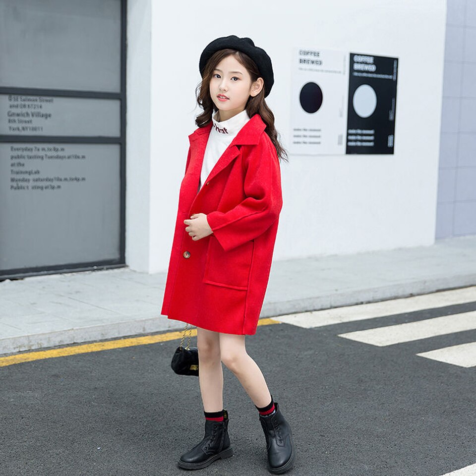 Kinderwinterwollen jassen voor tienermeisjes effen lange wollen jassen meisjes bovenkleding meisjeskleding parka voor meisjes: Rood / 5