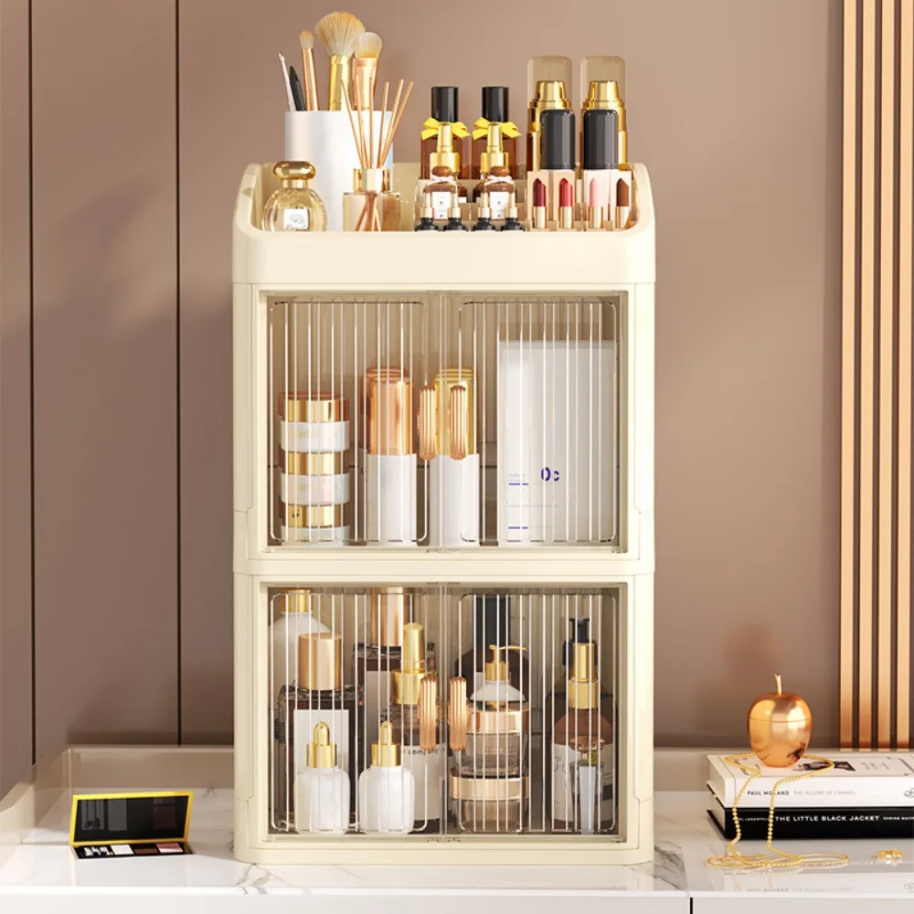 Caja de almacenamiento plegable, cajas organizadoras sencillas para el hogar, organizador de productos para el cuidado de la piel de doble puerta, estante de almacenamiento de papelería multicapa