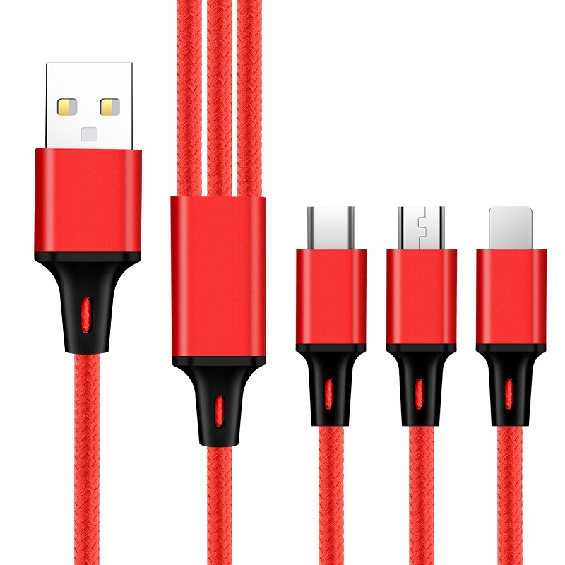 3 in1 2.4A USB Type C Fast Charging Data Cable One For Three Apply To Android Apple Type-C Smartphone 1.2m Nylon Braided Wire: A-RED