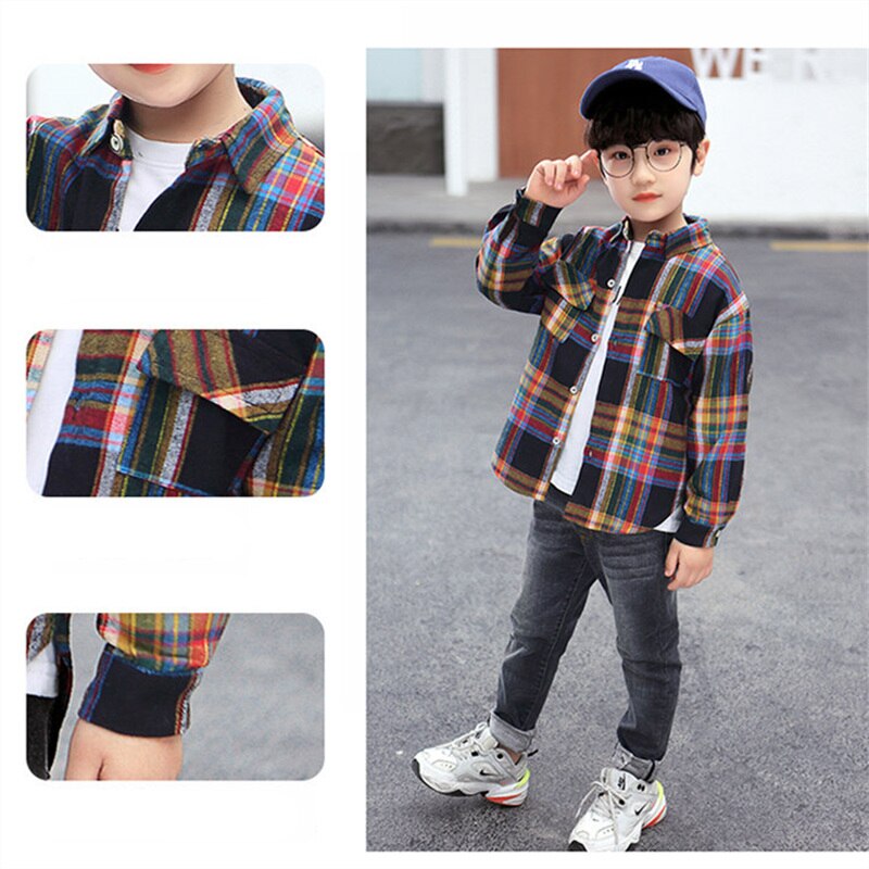 Camisa a cuadros de algodón para niños, ropa informal Vintage para adolescentes, de manga larga, de coreana, de 4 a 14 años
