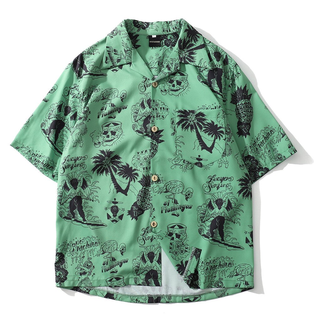 Oscn 7 casual rutig kortärmad skjorta män street hawaii beach kvinnor justerbar fåll kortärmade skjortor herr 3204: Grön / Xl