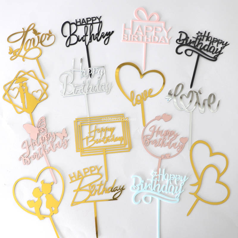 10Pcs Gold Black Happy Birthday Cake Topper DIY Acrylic Letter Simple Kids Birthday Party Dessert Decoration Supplies