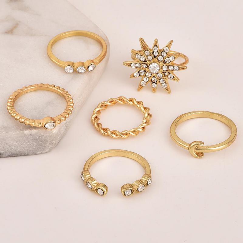 6 stk/set Charme Gouden Kleur Ringen Ster Maan Kristal Midi Vinger Ring Set Voor Vrouwen Knuckle Partij Ringen Punk Boho sieraden