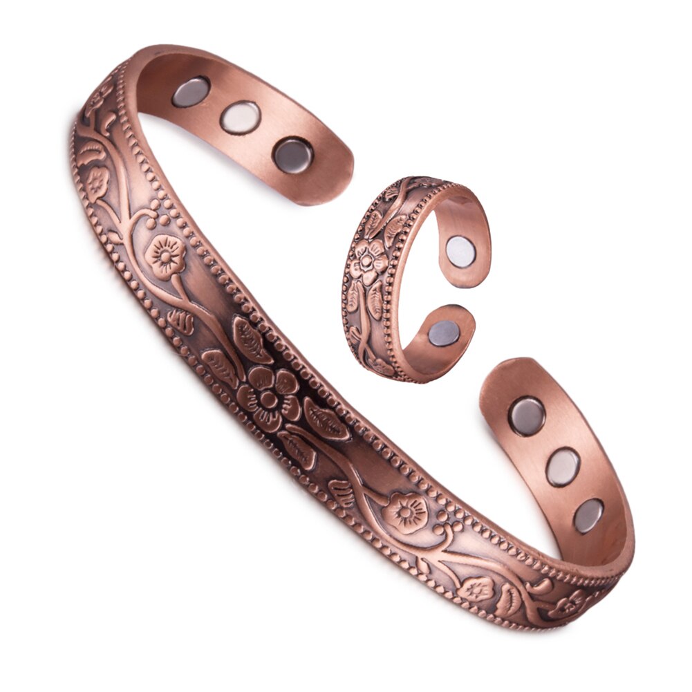 Conjunto de joyas magnéticas de cobre puro para hombres y mujeres, conjunto de joyería de artritis energética, flor Vintage, anillo de pulsera ajustable