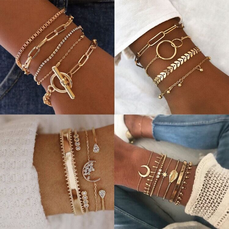 Punk Golden Opening Cuff Bracelets & Bangles For Women Crystal Geometric Link Chain Charm Bracelets Set Party Jewelry