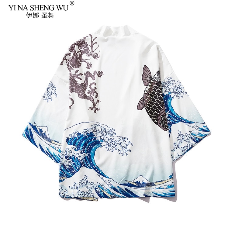 The Great Wave Off Kanagawa Man Japanese Traditional Orient Ethnic Cardigan Kimono Haori Man Unisex Thin Loose Ukiyo-e Outfits: White / L