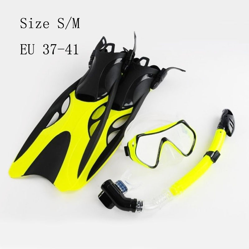scuba Diving mask adult Swimming Fins with snorkel tube set long Snorkeling shoes monofin Equipment Diving Flippers: Yellow Size S M