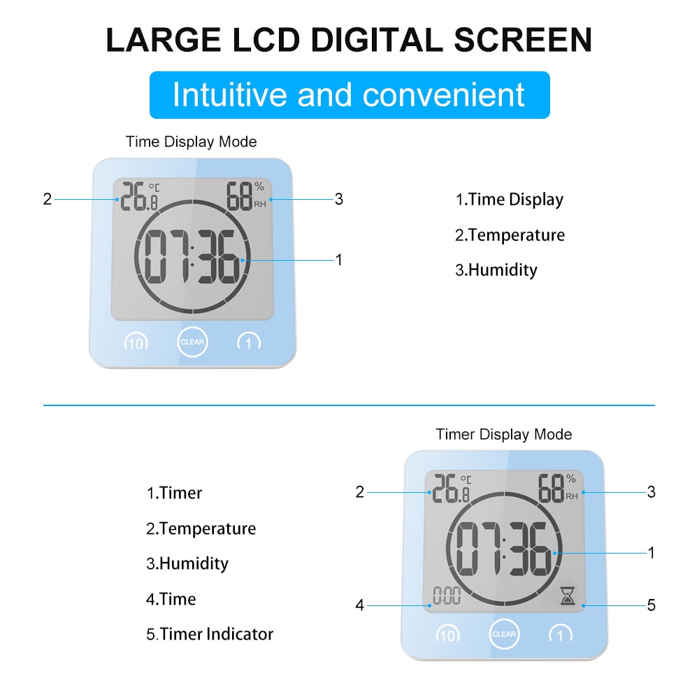 Waterdichte lcd digitale wandklok douche zuignap wandstandaard alarm timer temperatuur vochtigheid bad weerstation voor thuis