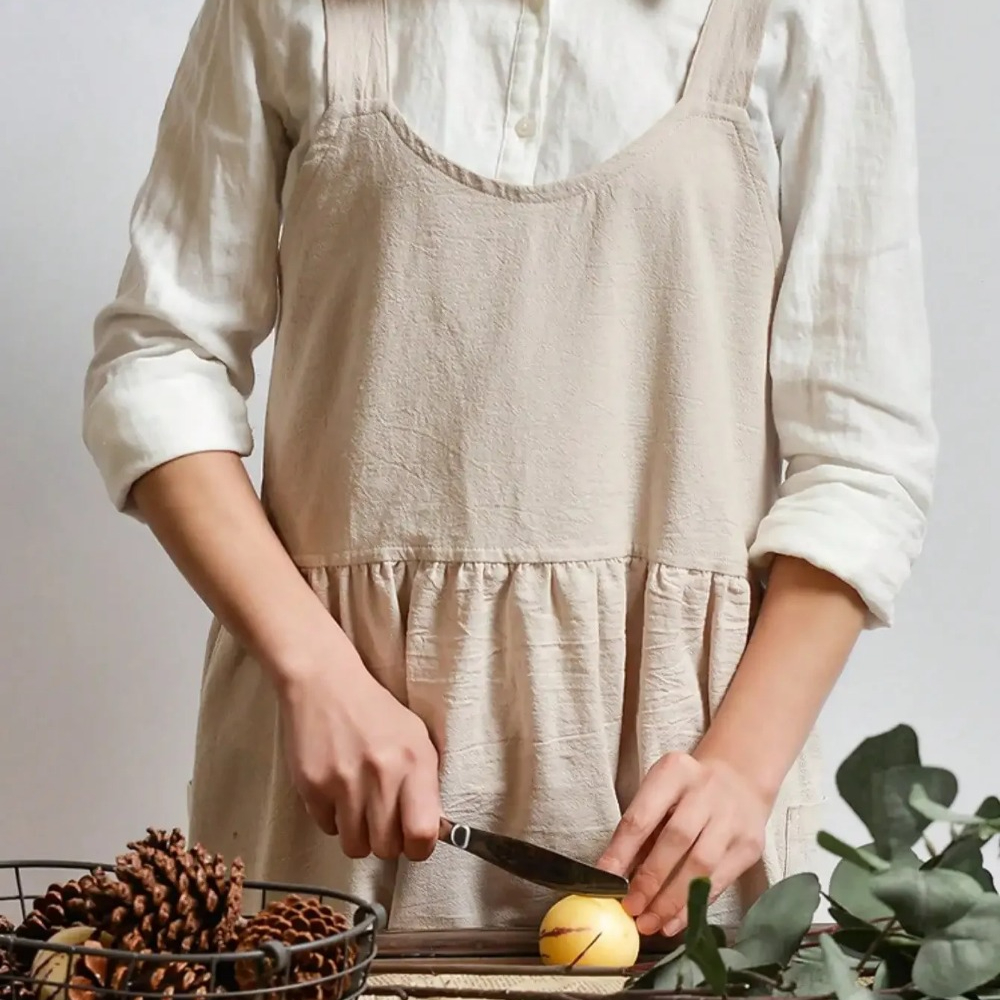 Japanese Linen Aprons for Women with Pockets Cross Back Cute Apron Dress for Gardening Painting Baking Cooking Kawaii Kitchen