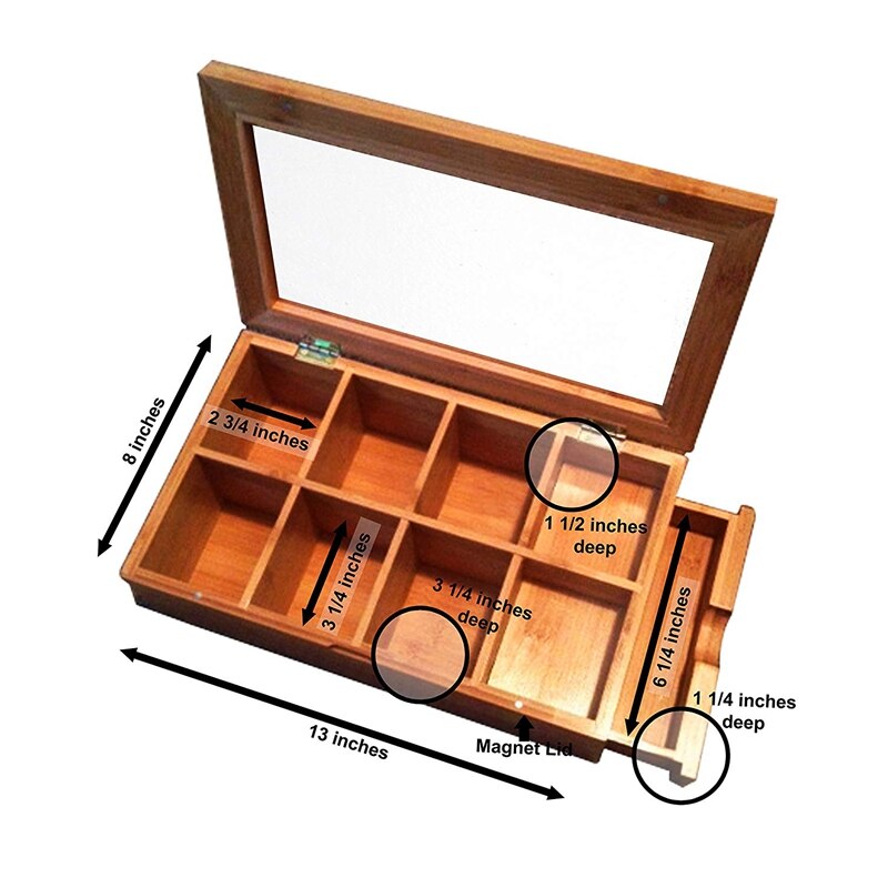 Tea Box Natural Chest with Clear Hinged Lid, 8 Storage Sections with Expandable Drawer