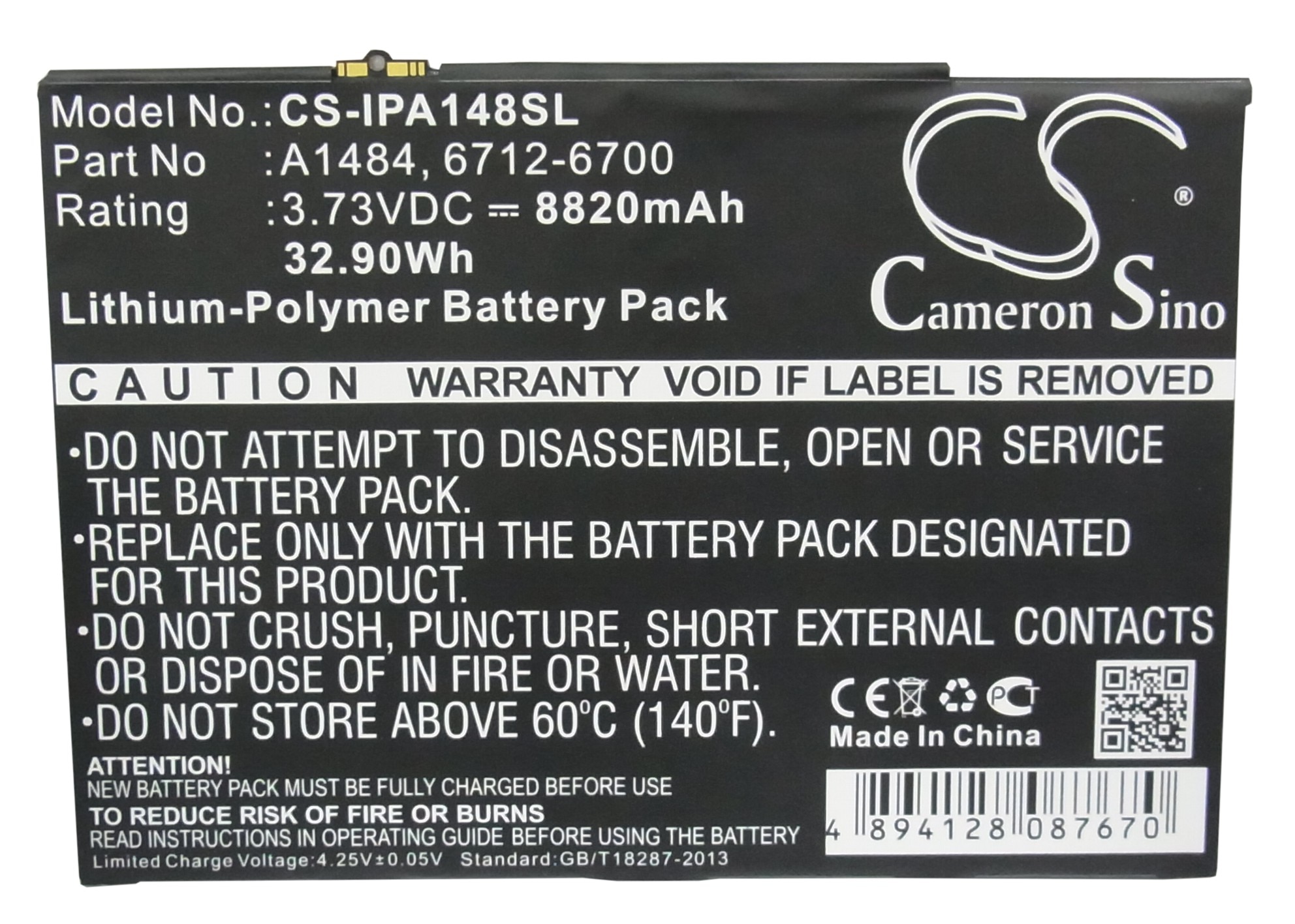 Cameron Sino 8820 Mah Batteria 6712-6700 per Mela A1474, A1475, I-pad 5, i-pad aria, I-pad aria 1st, MD785LL/a, MD786LL/a