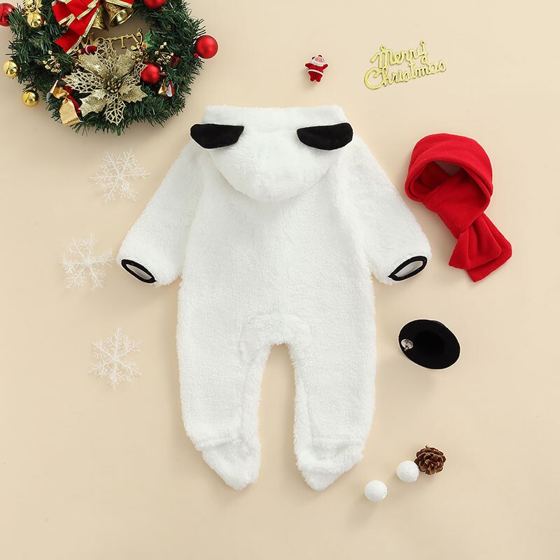 Toddler Baby Boys Girls 2pcs tuta a maniche lunghe con piede in pile pagliaccetti con cappuccio adorabili con orecchie + sciarpa completi bianchi