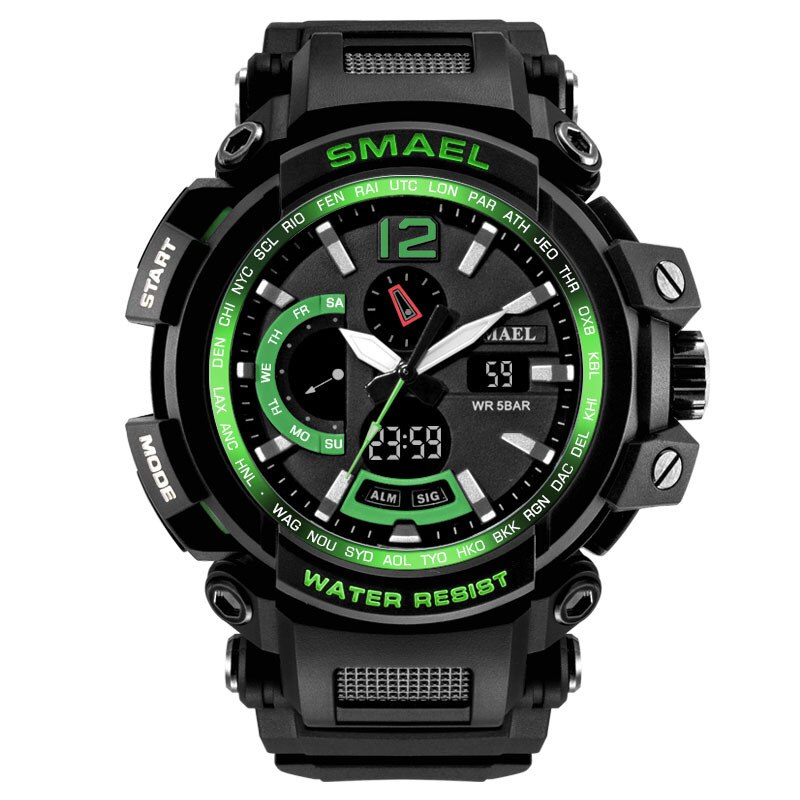 Snelle Levering Smael Mannen Sport Shock Horloge 30M Waterdicht Mannen Klok Dual Display Analoge Digitale Led Elektronische Horloges: Green 