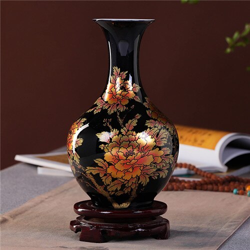Chinese Style Vase Jingdezhen Black Porcelain Crystal Glaze Flower Vase Home Decor Handmade Shining Famille Rose Vases: color  02