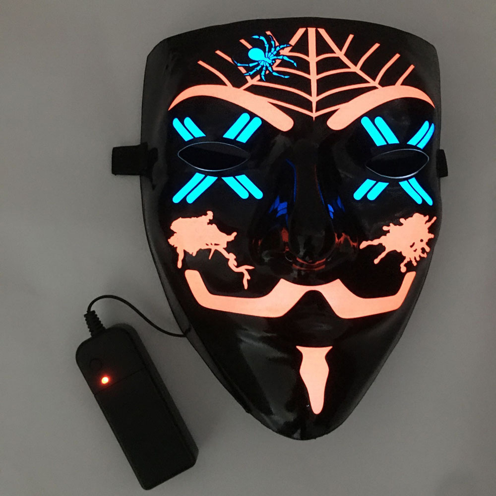 Clown LED Mask Halloween Party Mask Neon Light Up Luminous Wire Purge Scary: V09 black spider