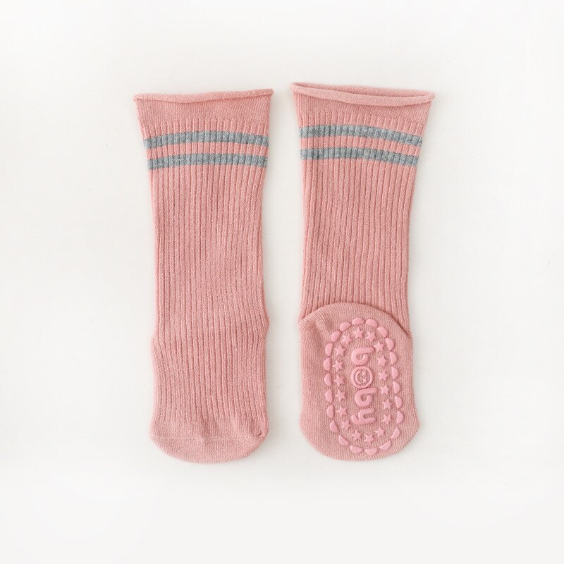 Calzini lunghi in cotone con suola antiscivolo inverno autunno tinta unita a righe 0-12 mesi calzini lunghi da bambina calzini da pavimento per interni: pink