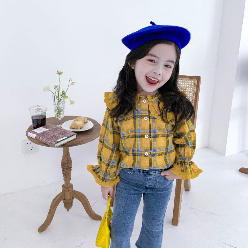 Herfstmeisjes geruit t-shirt met lange mouwen, katoenen topjes voor kinderen, meisjestopje