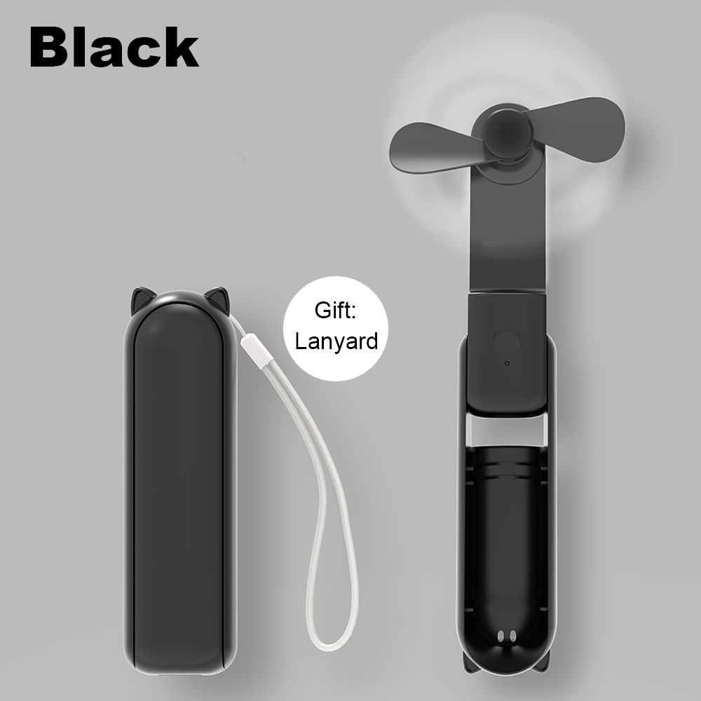 Bærbar ventilator 2000 mah usb genopladelig 3 hastigheder mini håndholdt foldbar ventilator håndholdt lille lommerejseventilator med praktisk powerbank: Sort