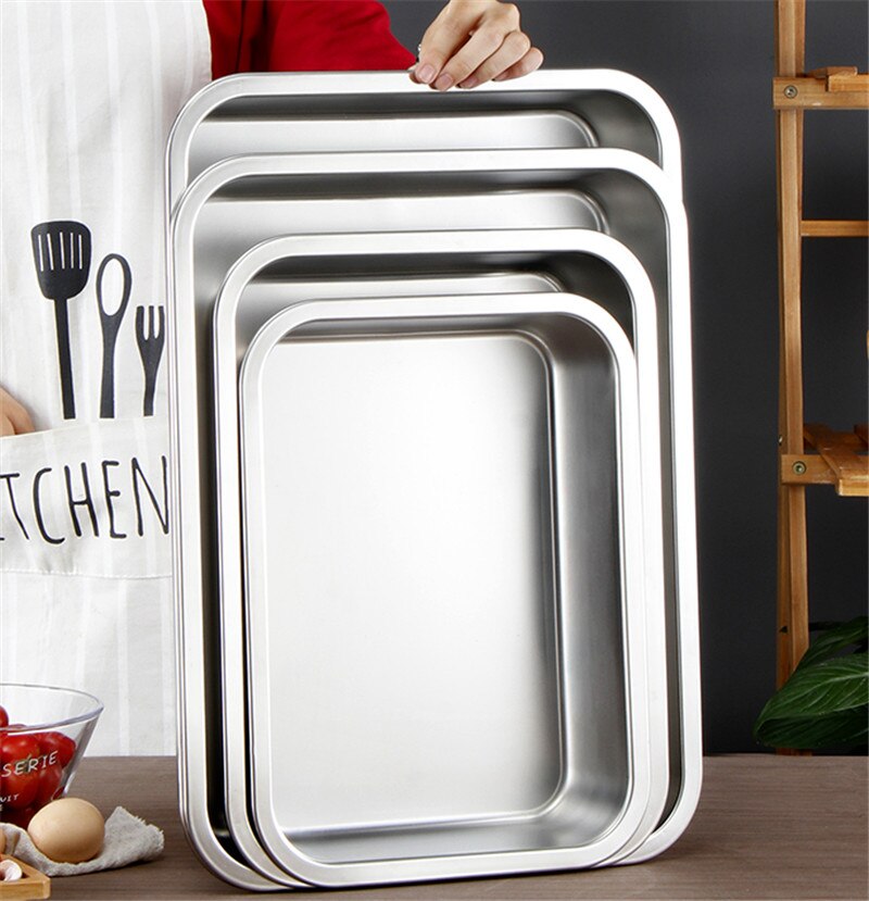 Bandeja quadrada para churrasco, 1mm, 304 de aço inoxidável, placa retangular, grelha de fundo reto para peixe, recipiente de comida e churrasco