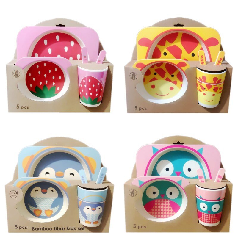 Bamboo Fiber Children&#39;s Tableware Set Baby Cartoon Rice Bowl Fork Spoon Children&#39;s Meal Partitioned Baby Dinner Plate