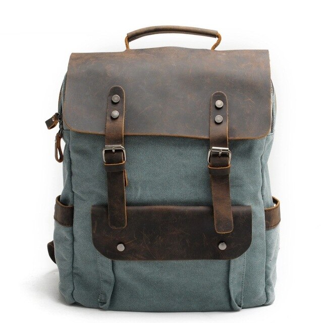 laptop men&#39;s backpack waxed canvas Backpack Vintage Canvas Backpack Leather School Bag Neutral Portable Wearproof Travel Bag: lake green