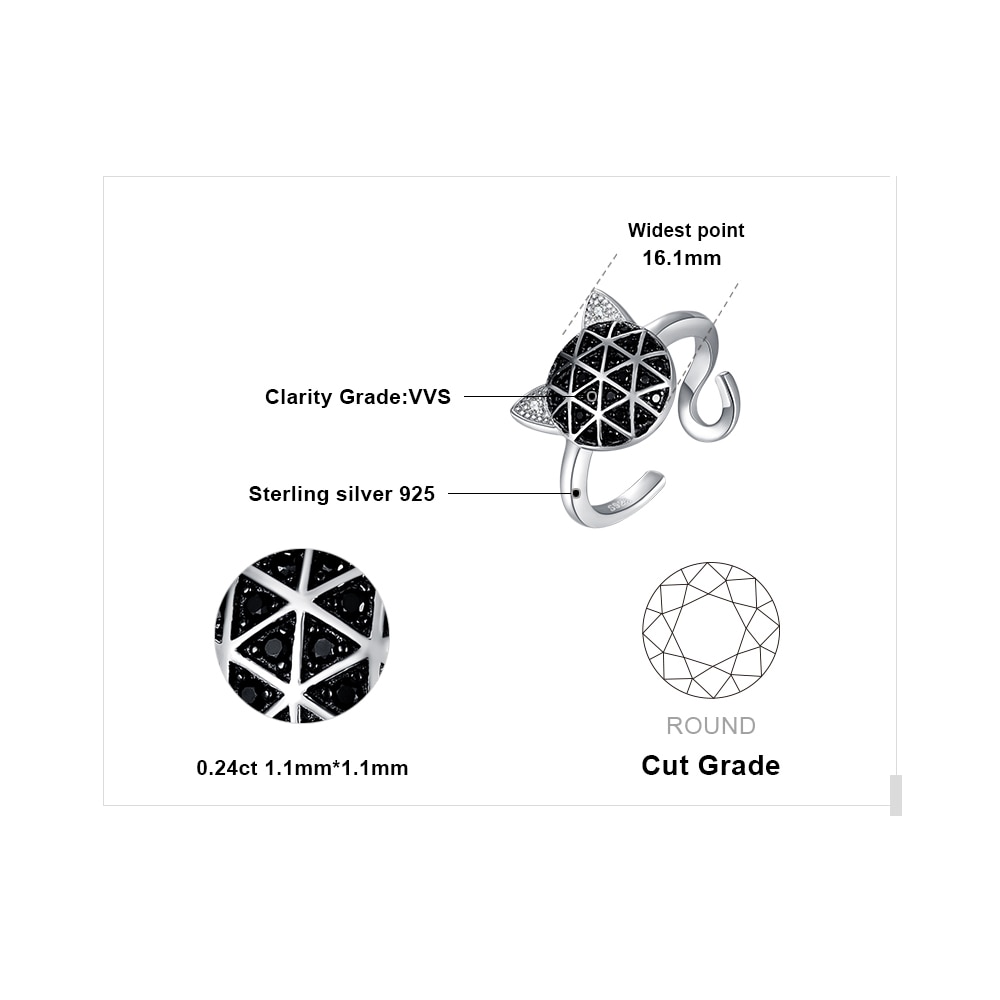 JewelryPalace Kattengezicht Ring - 925 Sterling Zilver - Zwarte Spinel Zirkonia - Verstelbare Open Ring