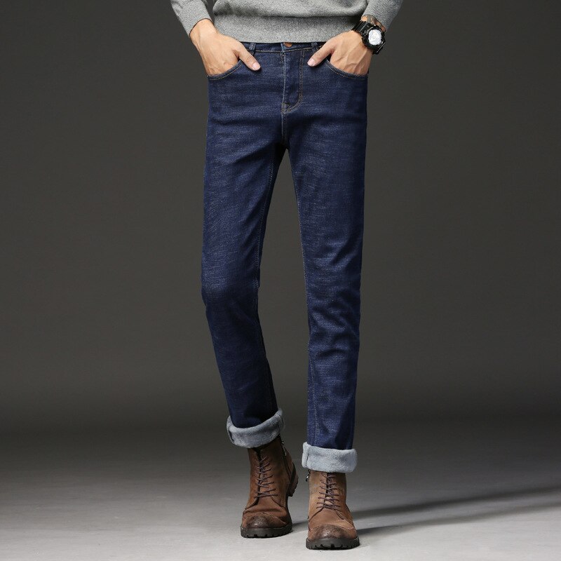 Vinterjeans mænd sort slim fit stretch tykke fløjlsbukser varme jeans afslappede fleecebukser herre plus size tøj: Mørkeblå / 33